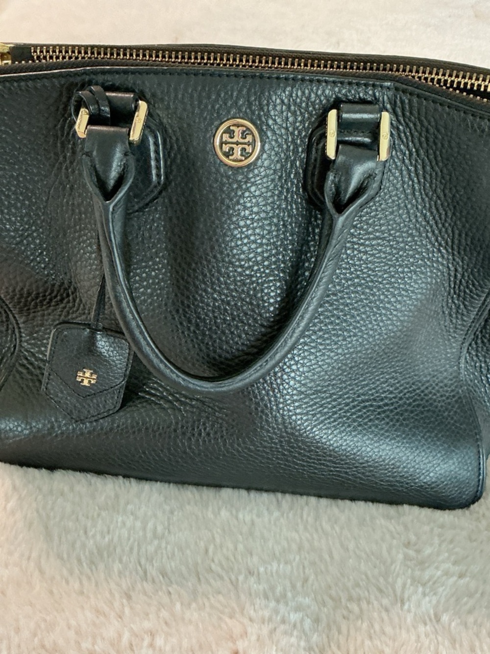 Tory Burch Black Pebbled Leather Satchel with Gold Hardware